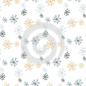 Christmas and New Year. Gold, light blue and navy blue snowflakes. Seamless vector pattern.